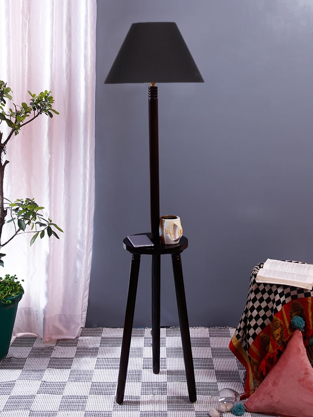 Black Cotton Conical Wooden Floor Lamp -21 (14x55.75inches) -Tripod Brown