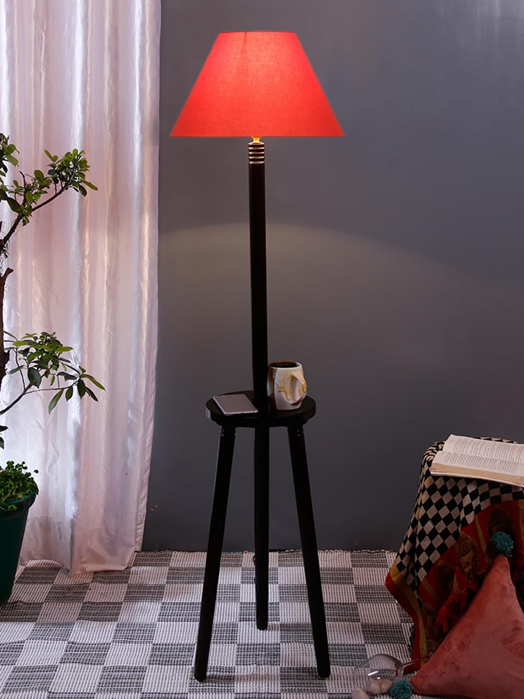 Orange Cotton Conical Wooden Floor Lamp -23-(14x55.75inches) -Tripod Brown