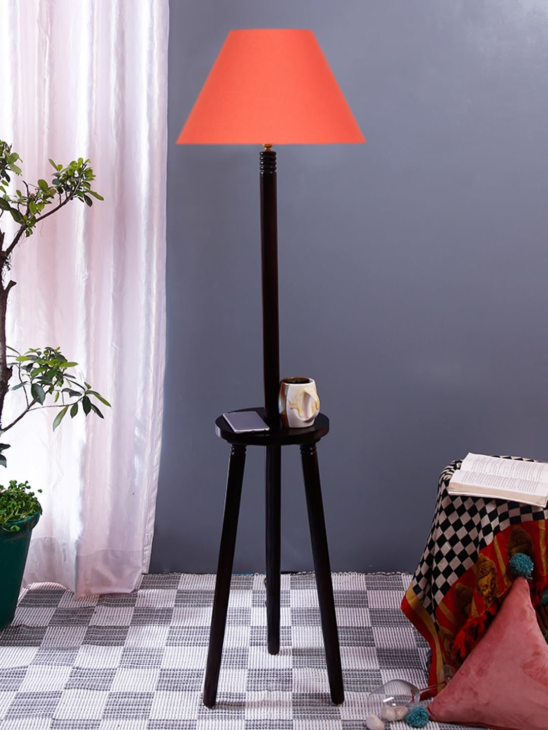 Orange Cotton Conical Wooden Floor Lamp -23-(14x55.75inches) -Tripod Brown