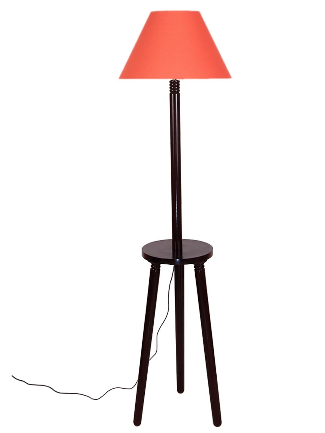 Orange Cotton Conical Wooden Floor Lamp -23-(14x55.75inches) -Tripod Brown