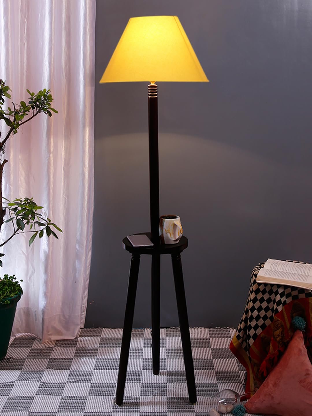 Yellow Cotton Conical Wooden Floor Lamp -24-(14x55.75inches) -Tripod Brown