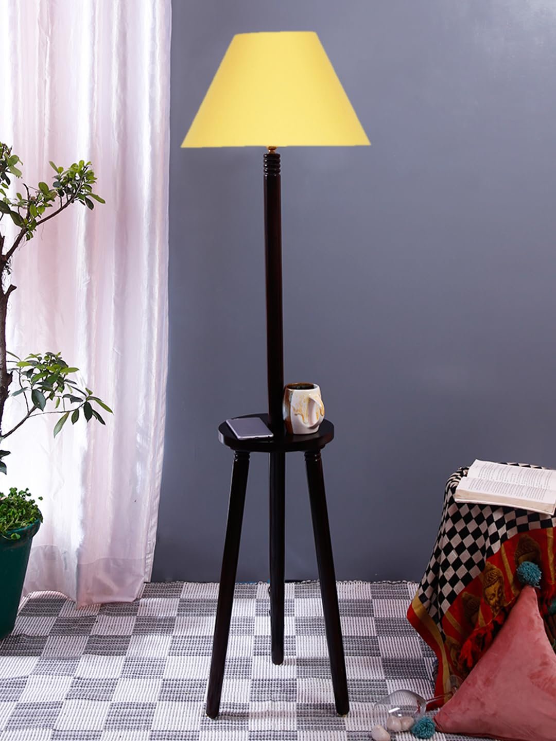 Yellow Cotton Conical Wooden Floor Lamp -24-(14x55.75inches) -Tripod Brown