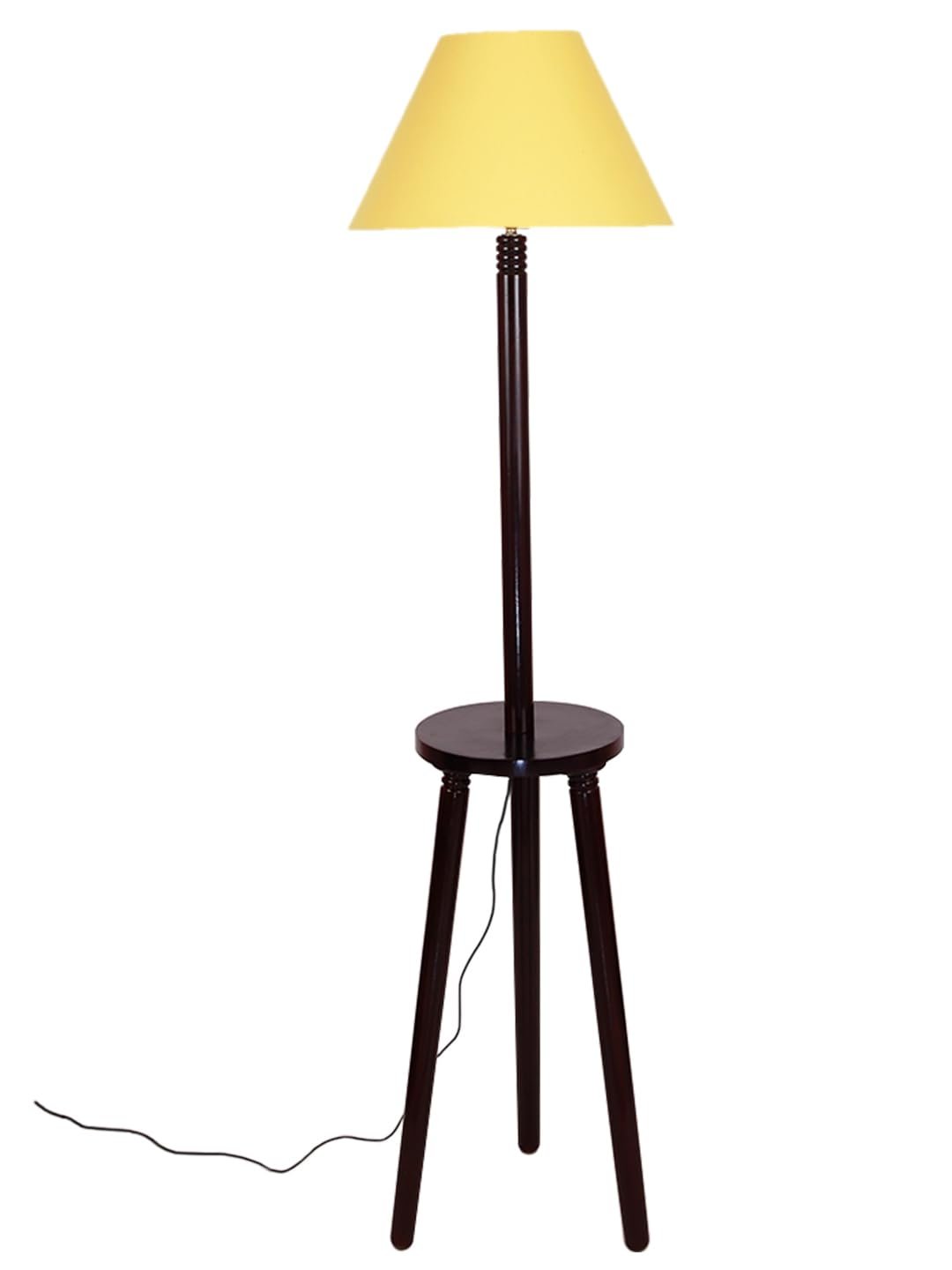 Yellow Cotton Conical Wooden Floor Lamp -24-(14x55.75inches) -Tripod Brown