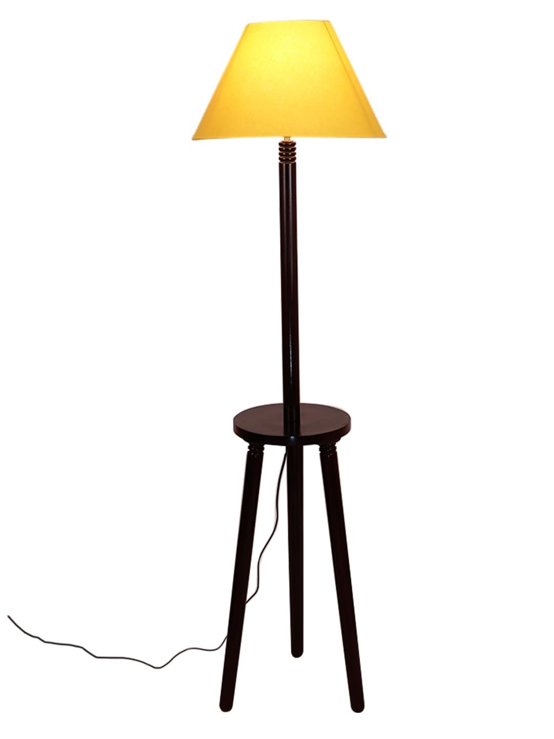 Yellow Cotton Conical Wooden Floor Lamp -24-(14x55.75inches) -Tripod Brown