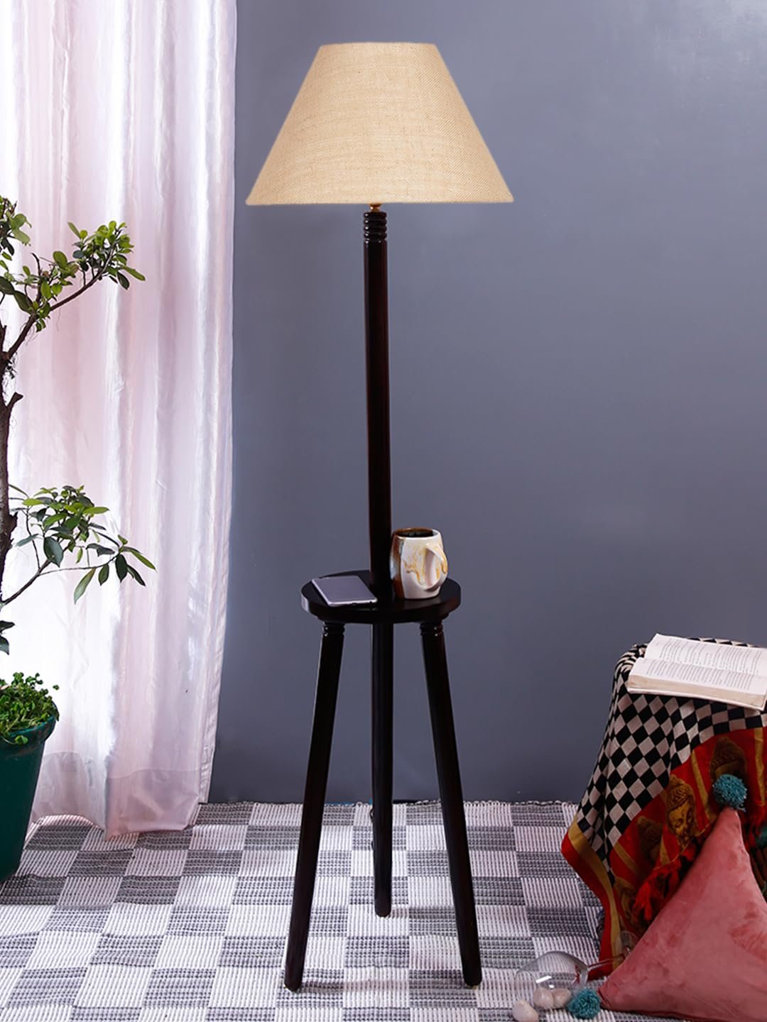 Beige Jute Conical Wooden Floor Lamp -27-(14x55.75inches) -Tripod Brown