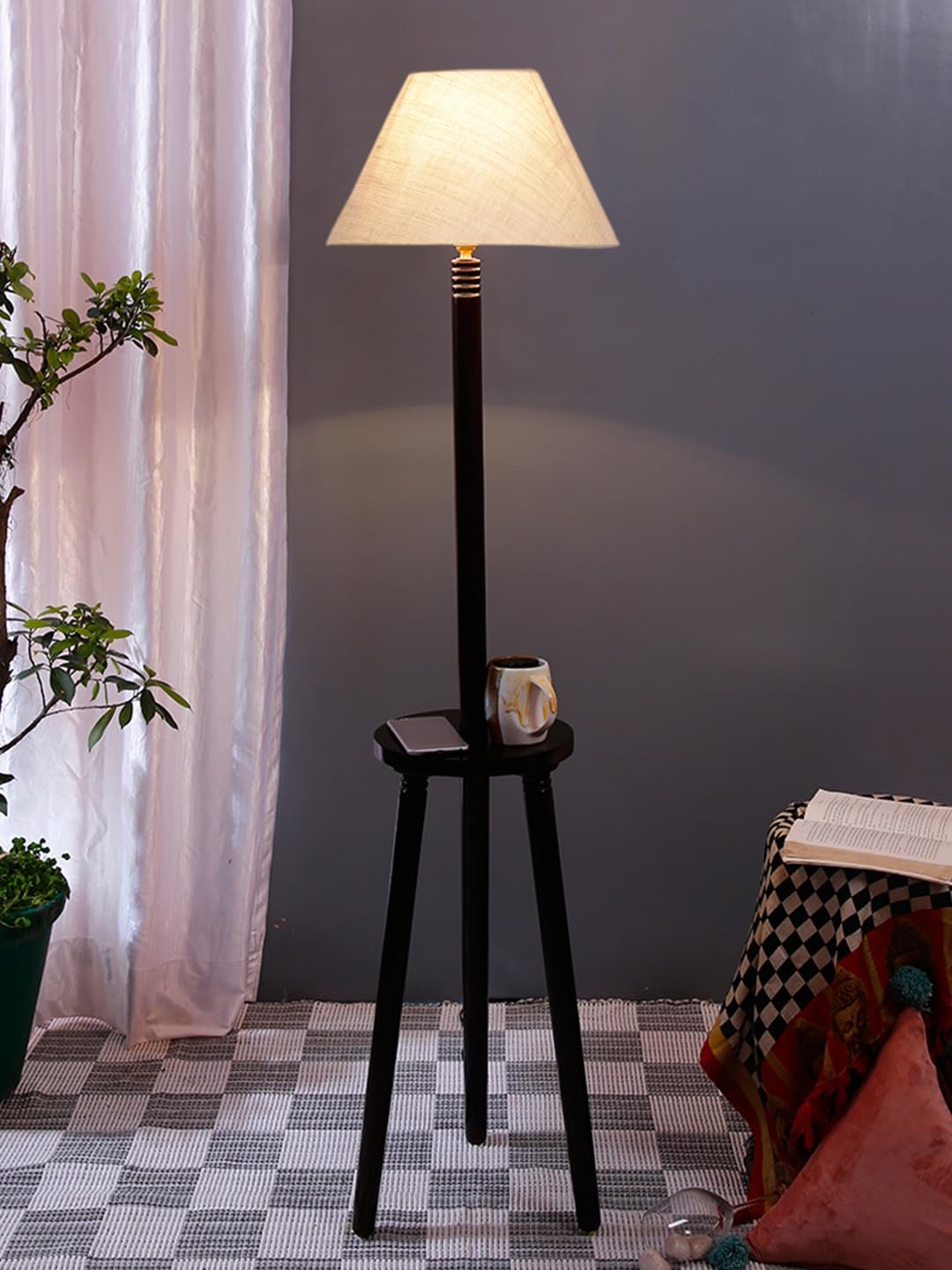 White Jute Conical Wooden Floor Lamp -28-(14x55.75inches) -Tripod Brown
