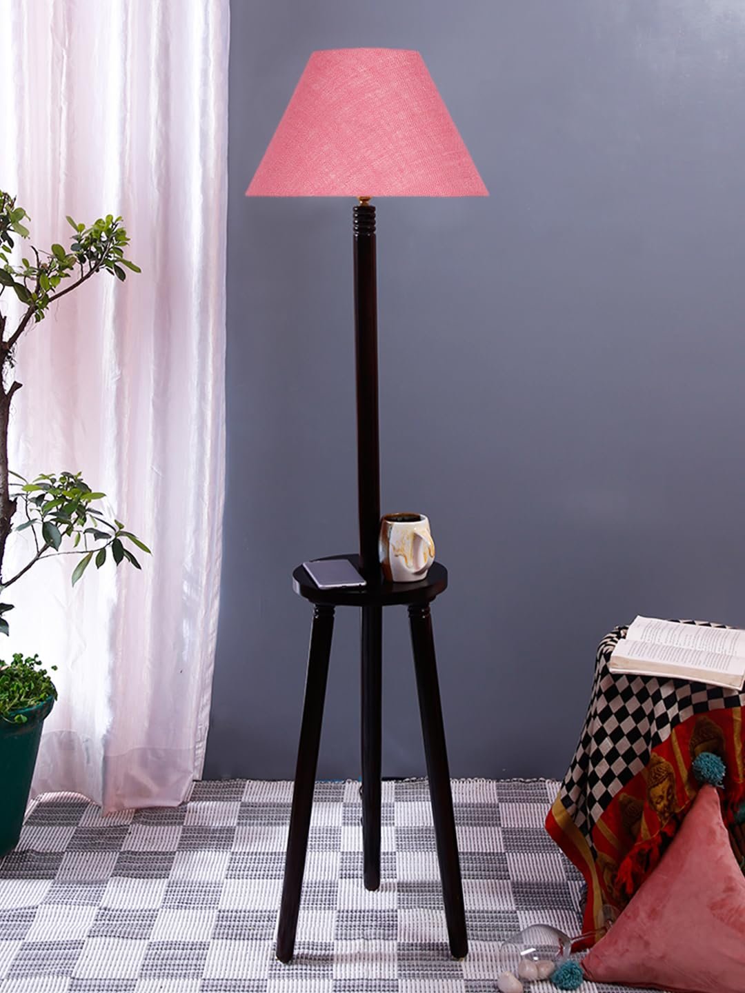 Pink Jute Conical Wooden Floor Lamp -29-(14x55.75inches) -Tripod Brown