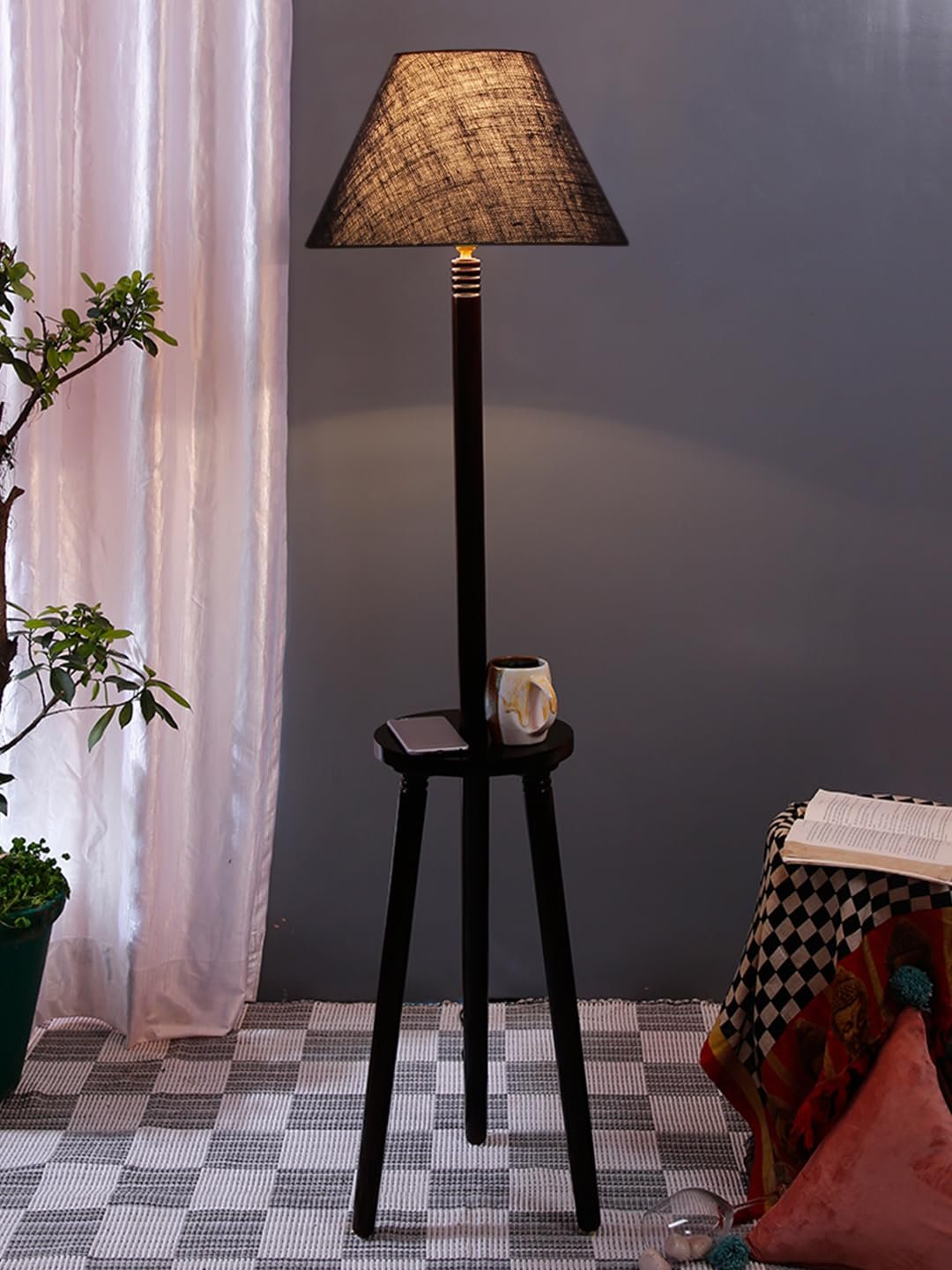 Blue Jute Wooden Floor Lamp -31-(14x55.75inches) -Tripod Brown