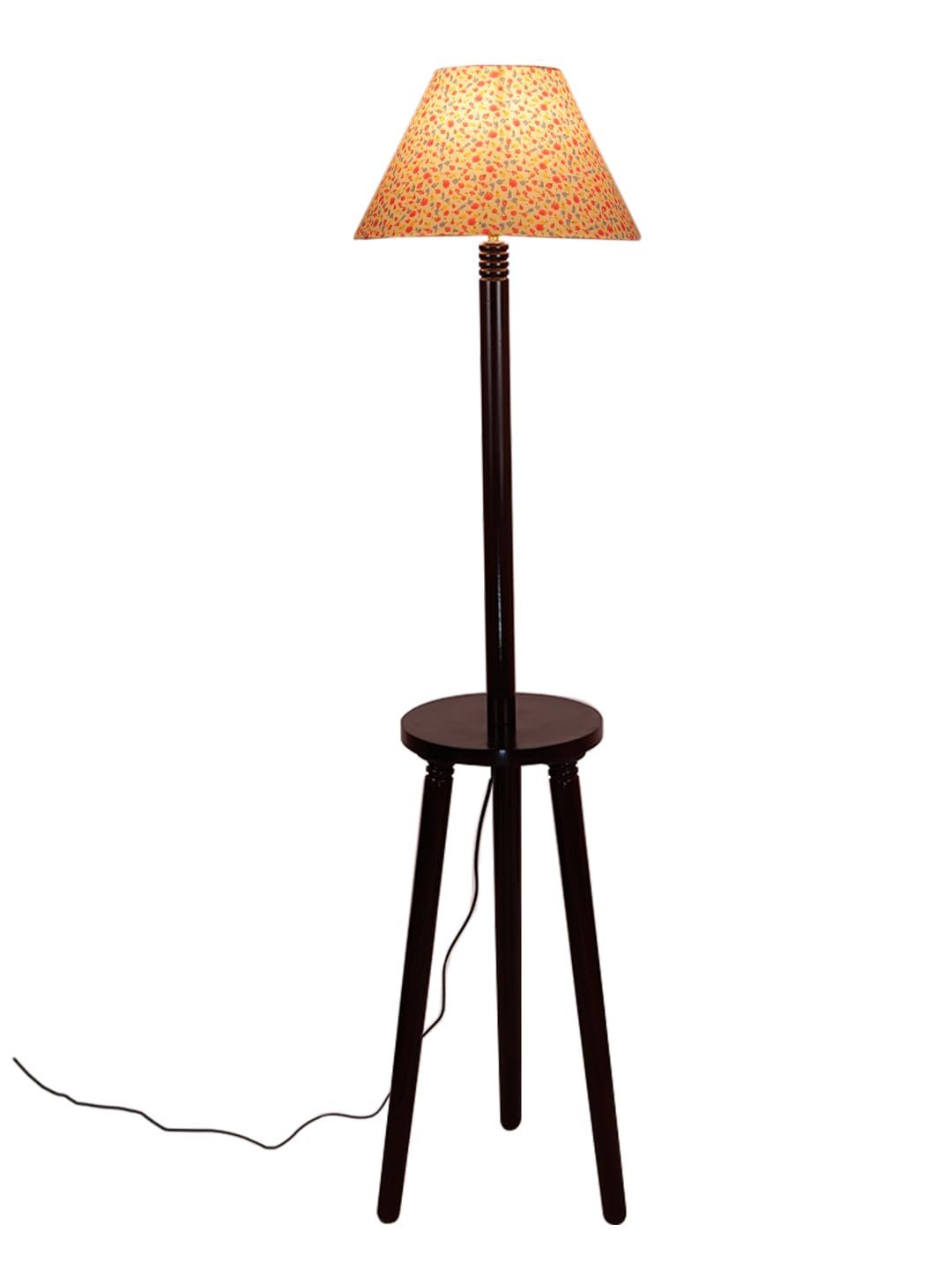 Printed Cotton Conical Wooden Floor Lamp -34(14x55.75inches) -Tripod Brown