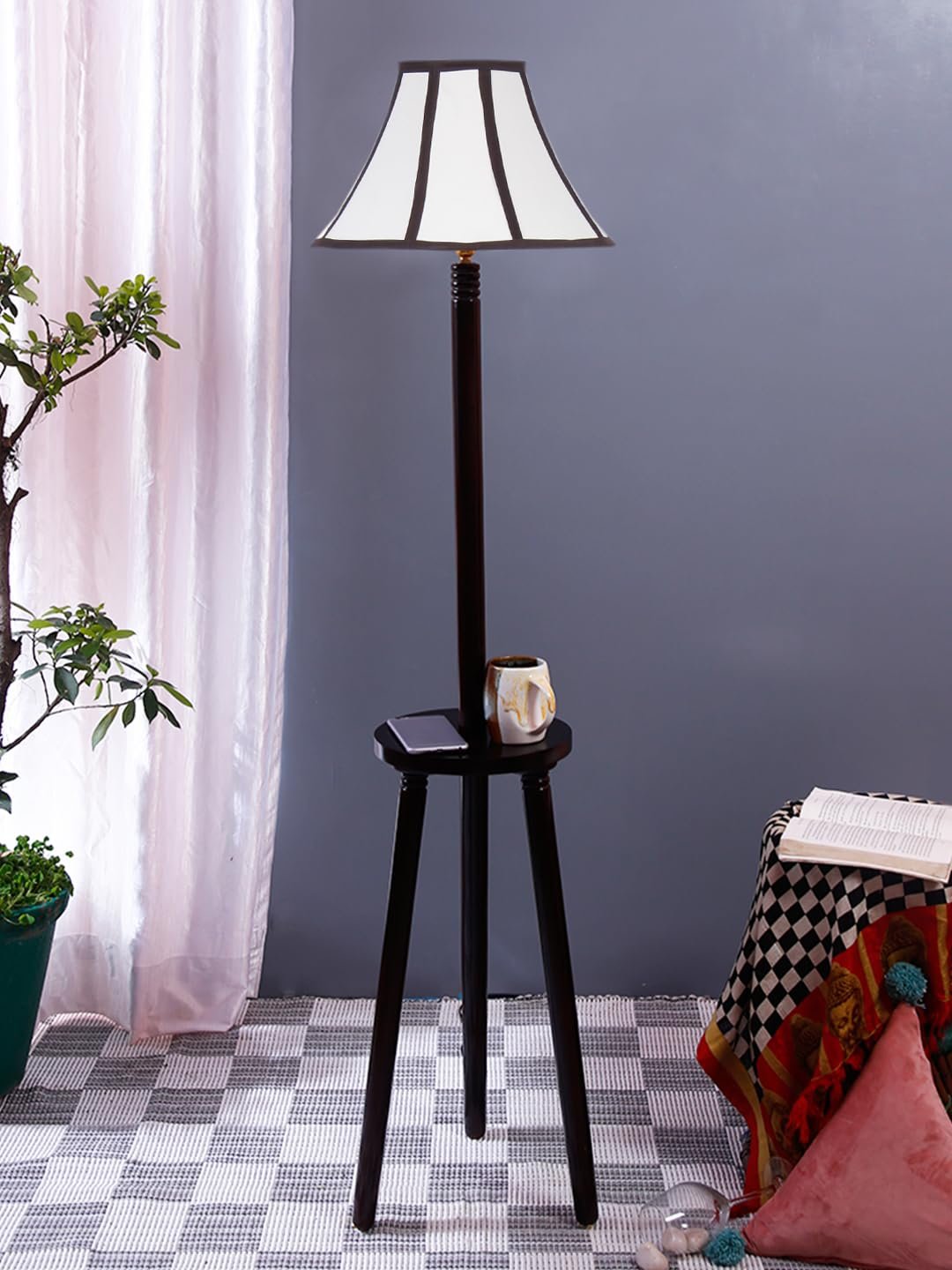Multiclored Cotton Wooden Floor Lamp -39-(12x54.8inches) -Tripod Brown