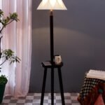 Vintage Cotton Curtain Pleated Shade Wood Floor Lamp -40(12×54.8inches)-Tripod Brown