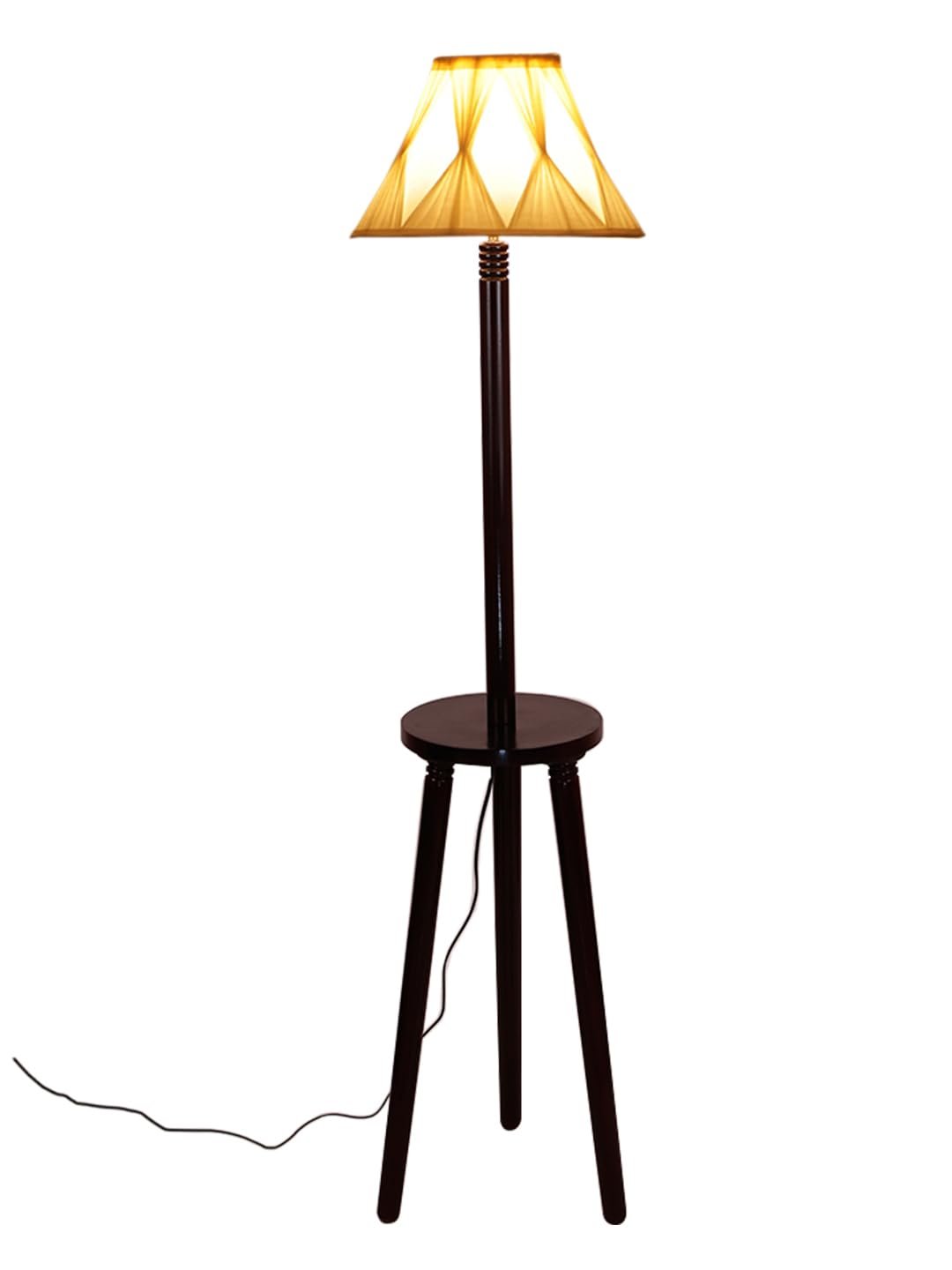 Vintage Cotton Curtain Pleated Shade Wood Floor Lamp -40(12x54.8inches)-Tripod Brown
