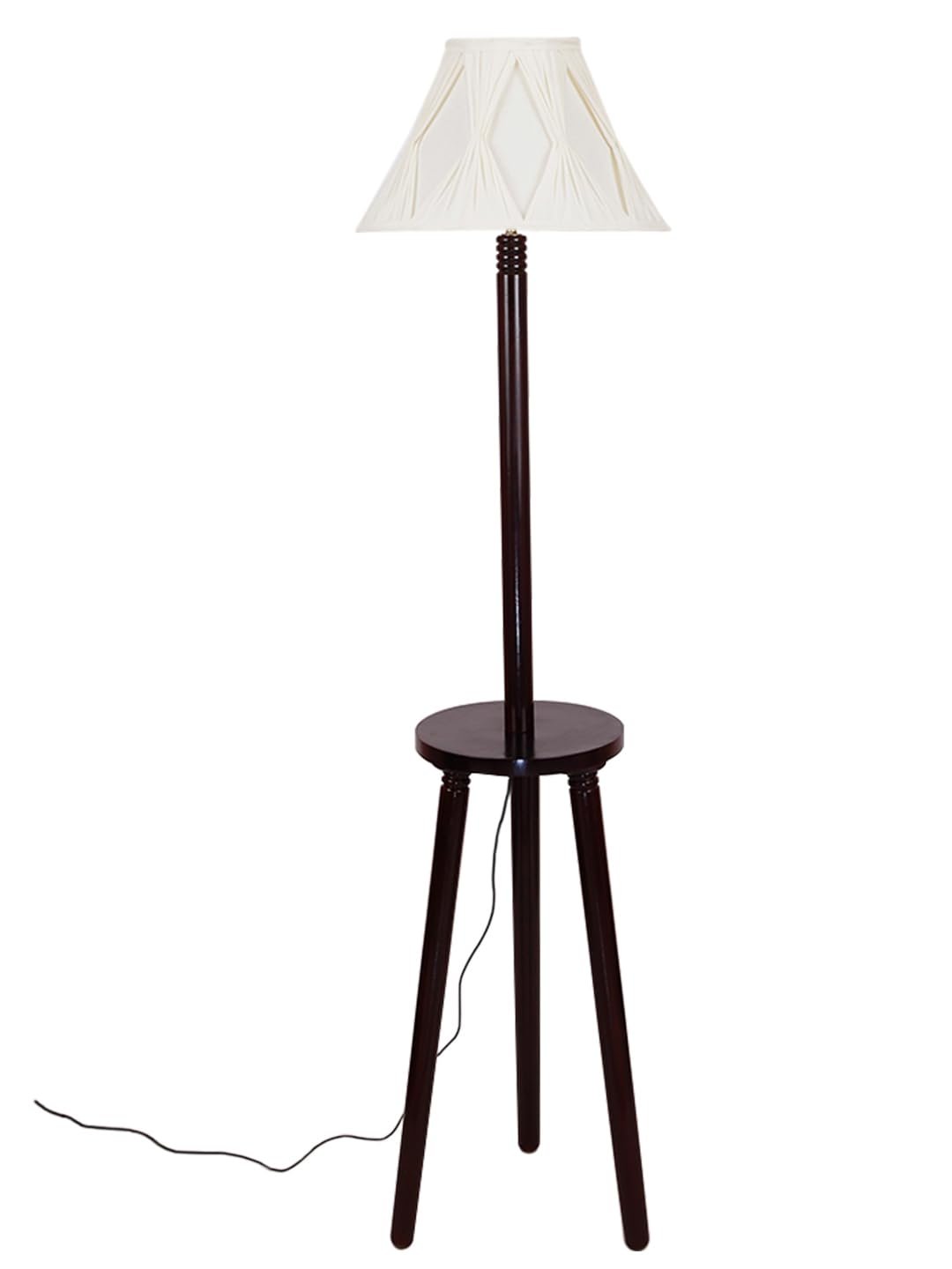 Vintage Cotton Curtain Pleated Shade Wood Floor Lamp -40(12x54.8inches)-Tripod Brown