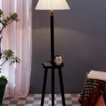 Cotton Straight Pleated Wooden Floor Lamp -42-(12×54.8inches)-Tripod Brown