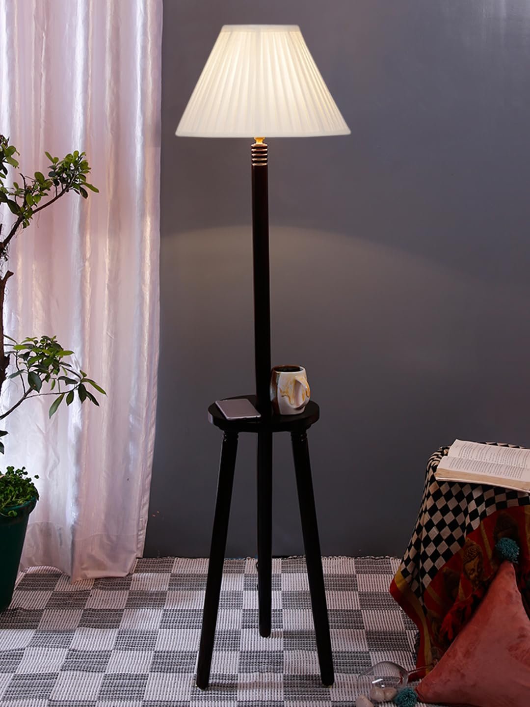Cotton Straight Pleated Wooden Floor Lamp -42-(12x54.8inches)-Tripod Brown