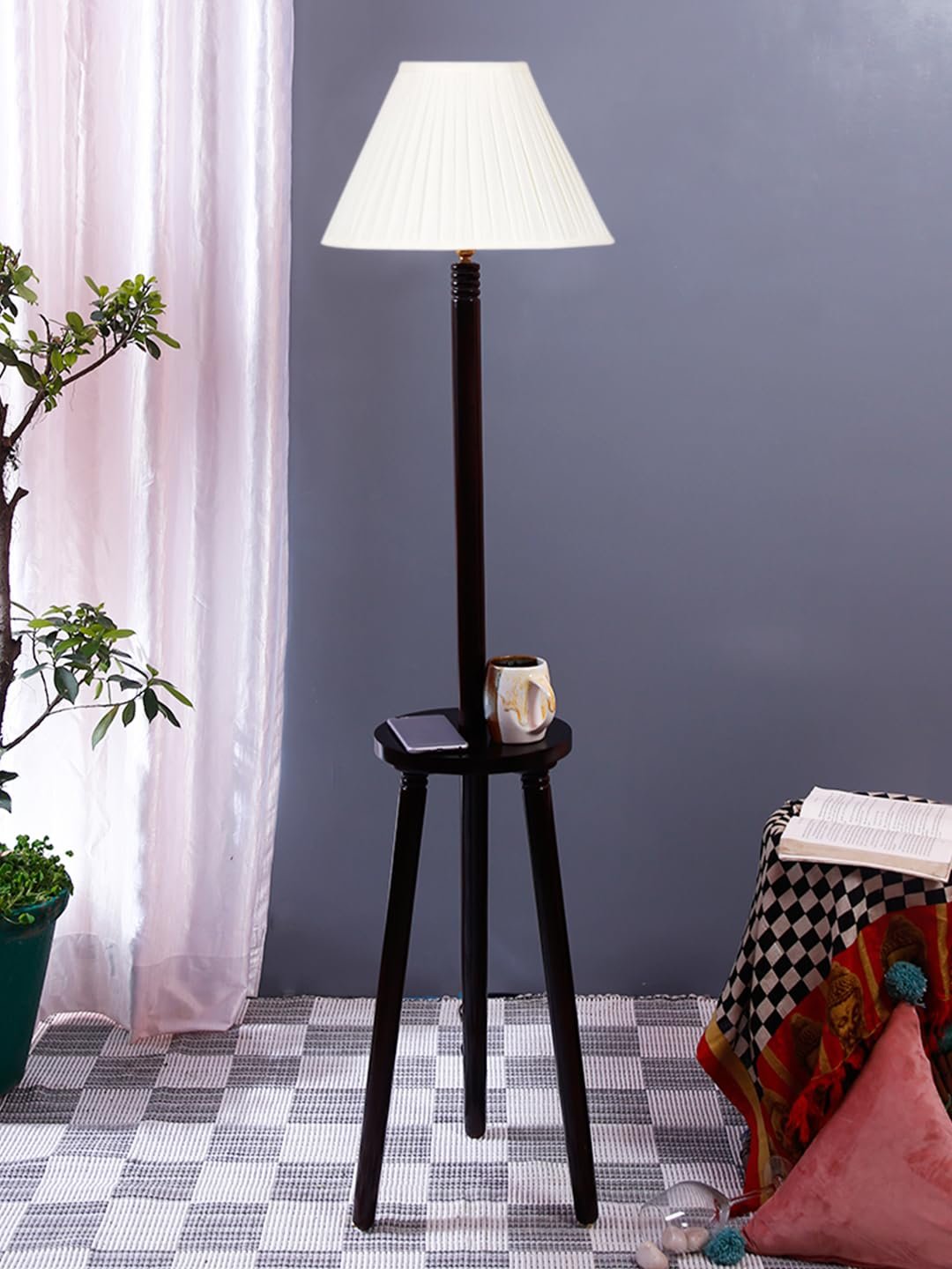 Cotton Straight Pleated Wooden Floor Lamp -42-(12x54.8inches)-Tripod Brown