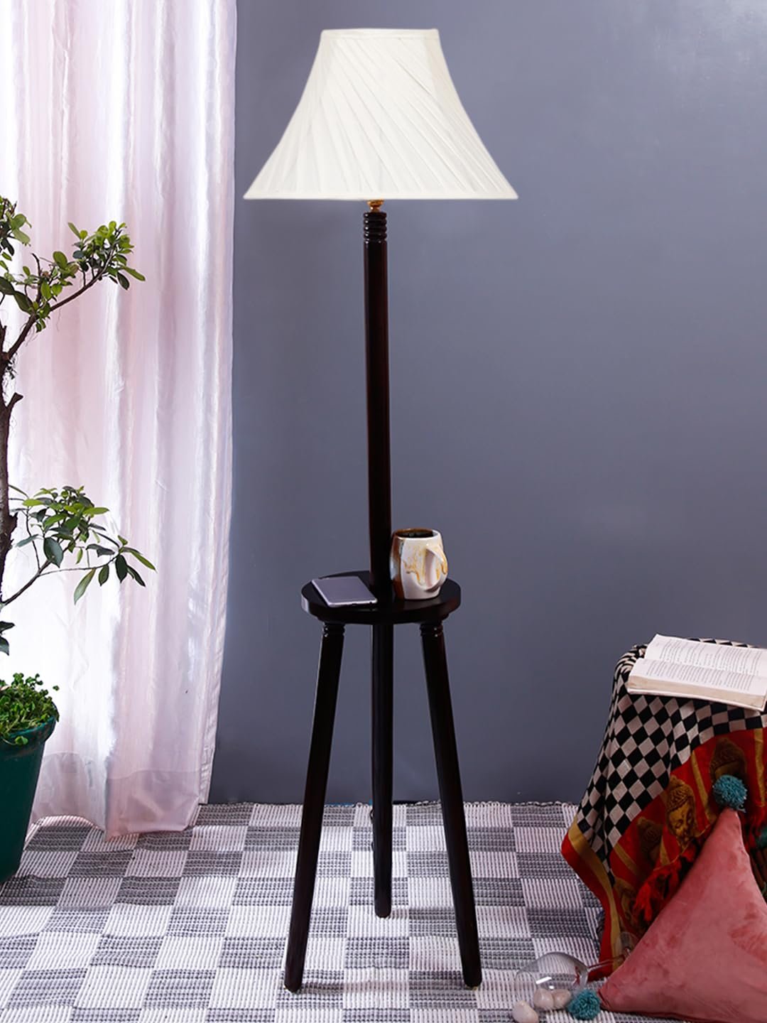 Cross Pleated Cotton Wooden Floor Lamp -43-(12x54.8inches)-Tripod Brown