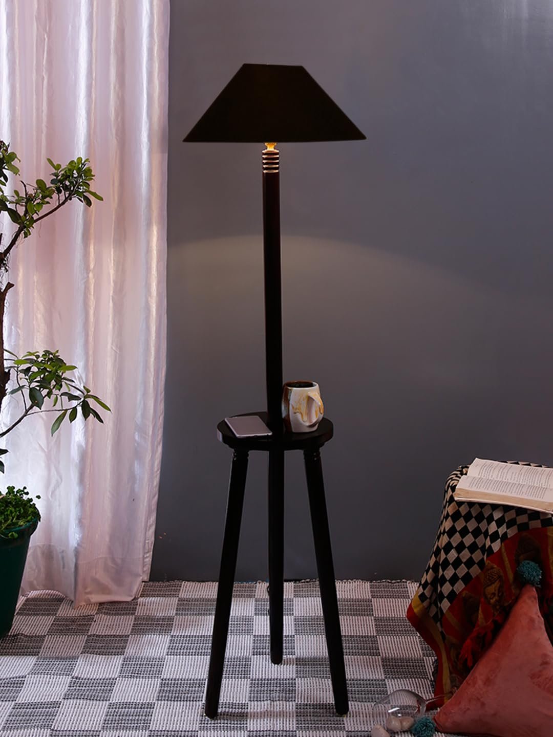 Black Cotton Coolie Floor Lamp -48(13x53.75 inches)-Tripod Brown