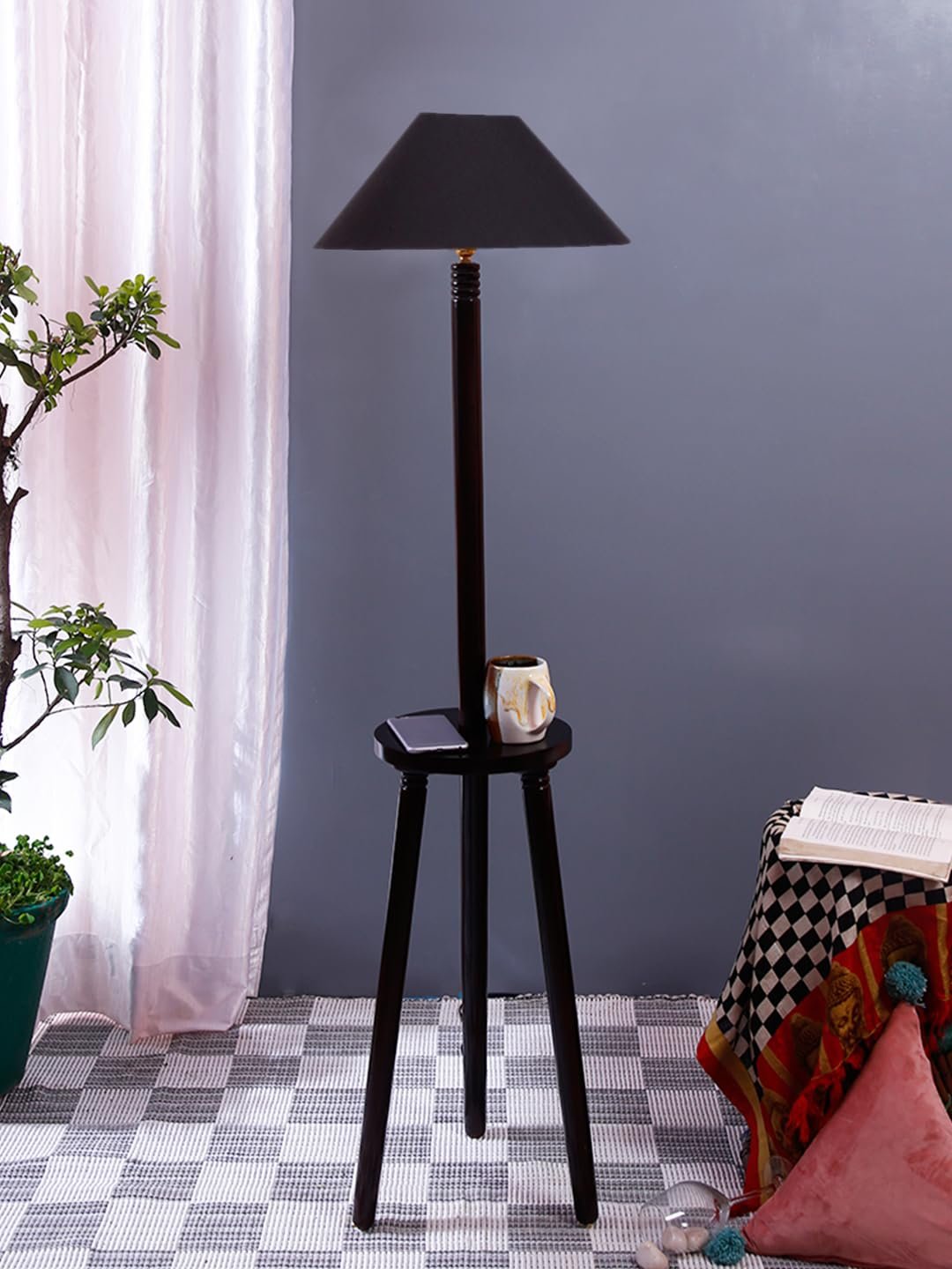 Black Cotton Coolie Floor Lamp -48(13x53.75 inches)-Tripod Brown