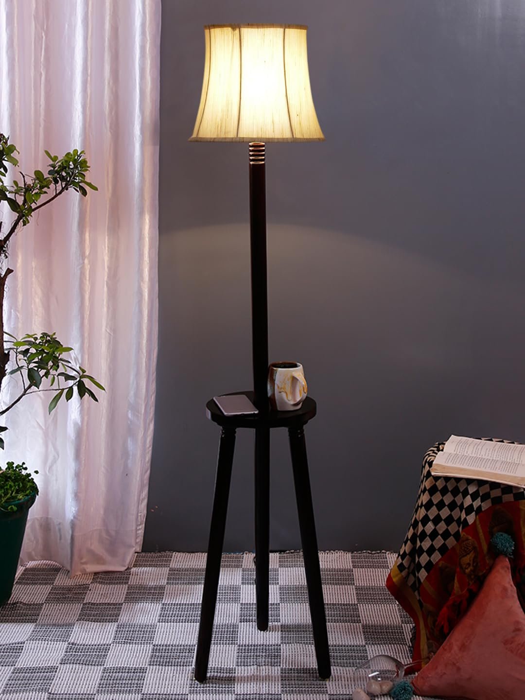 Soft Back Cotton Off-White Wooden Floor Lamp -53(12x56 Inches)-Tripod Brown