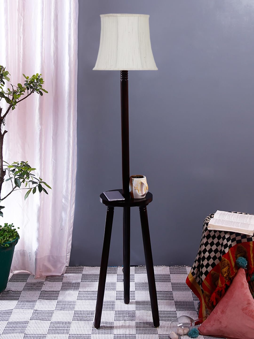 Soft Back Cotton Off-White Wooden Floor Lamp -53(12x56 Inches)-Tripod Brown