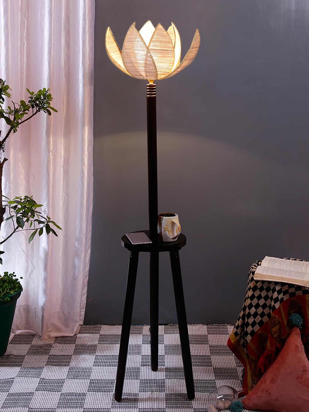 Beige Bamboo Lotus Wooden Floor lamp -54(12x56 Inches)-Tripod Brown