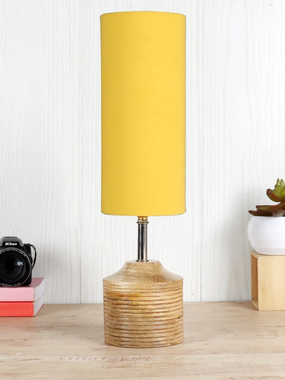 Wood Table lamp with Yellow Cotton Shade (126)