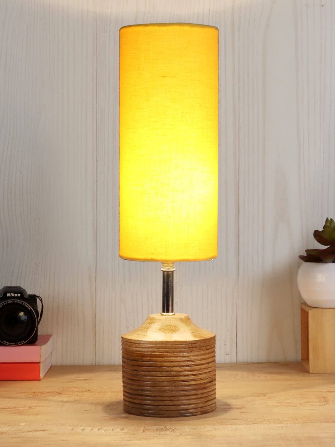 Wood Table lamp with Yellow Cotton Shade (126)