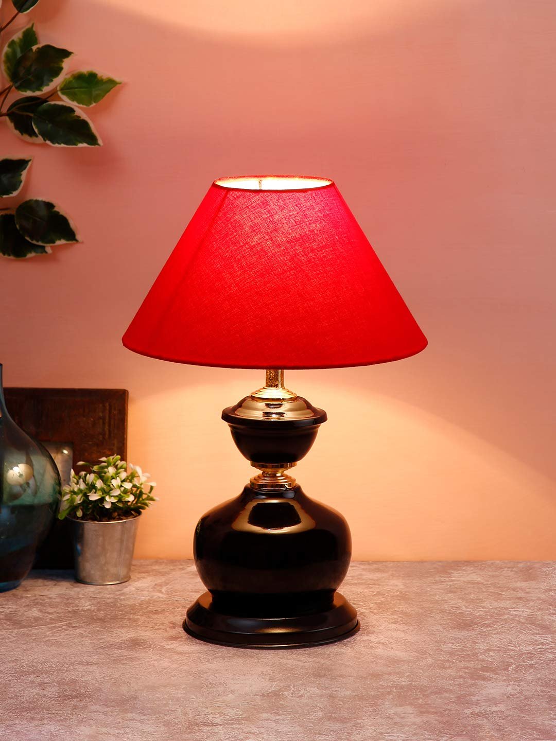 Red Cotton Table lamp with Black Base