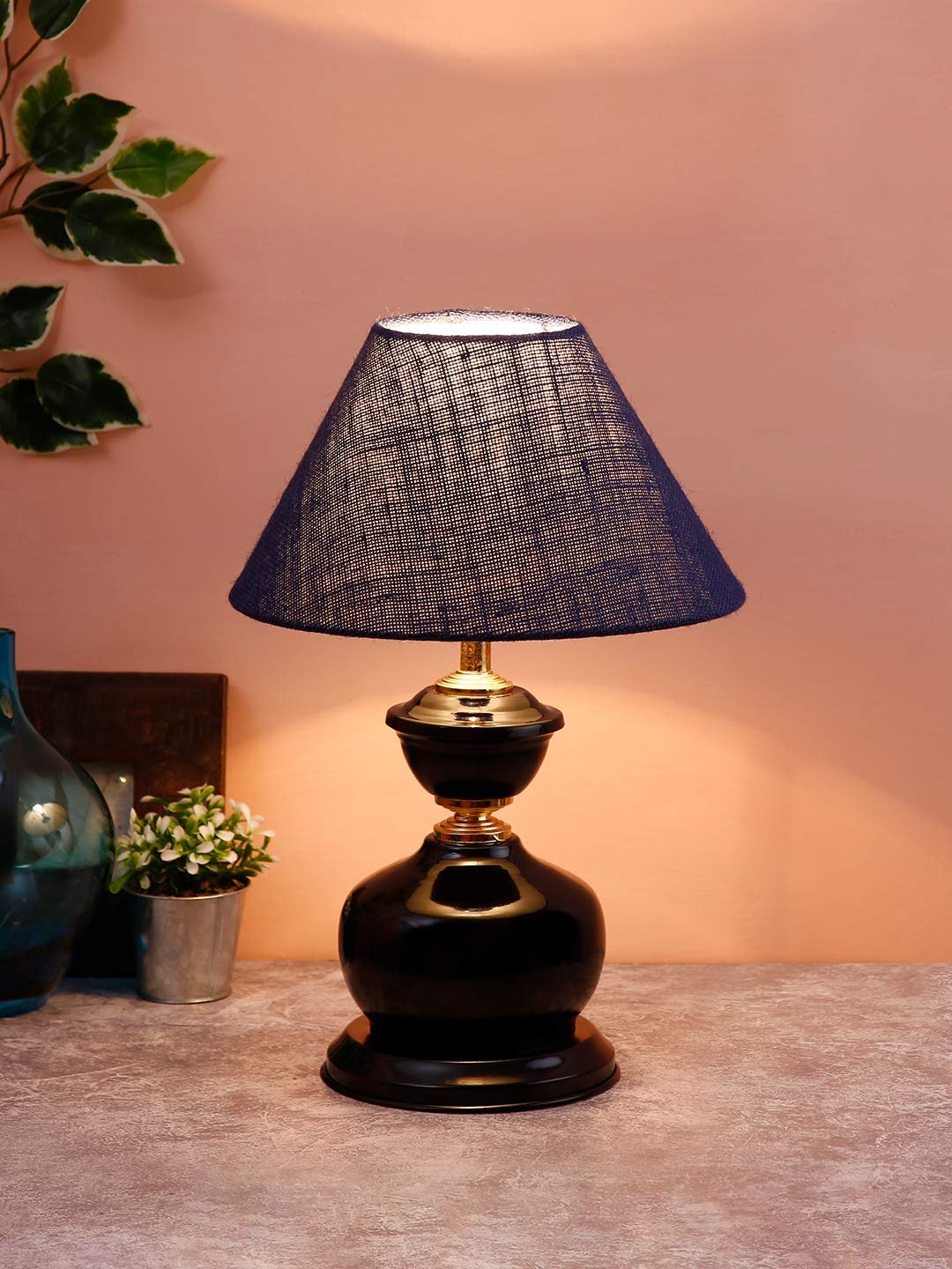 Blue Jute Table lamp with Black Base