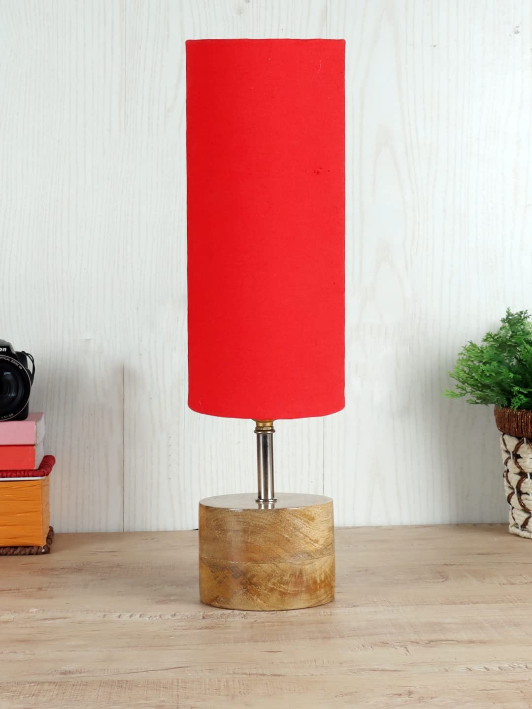 Red Cotton Shade with Wood lamp Base(784549)