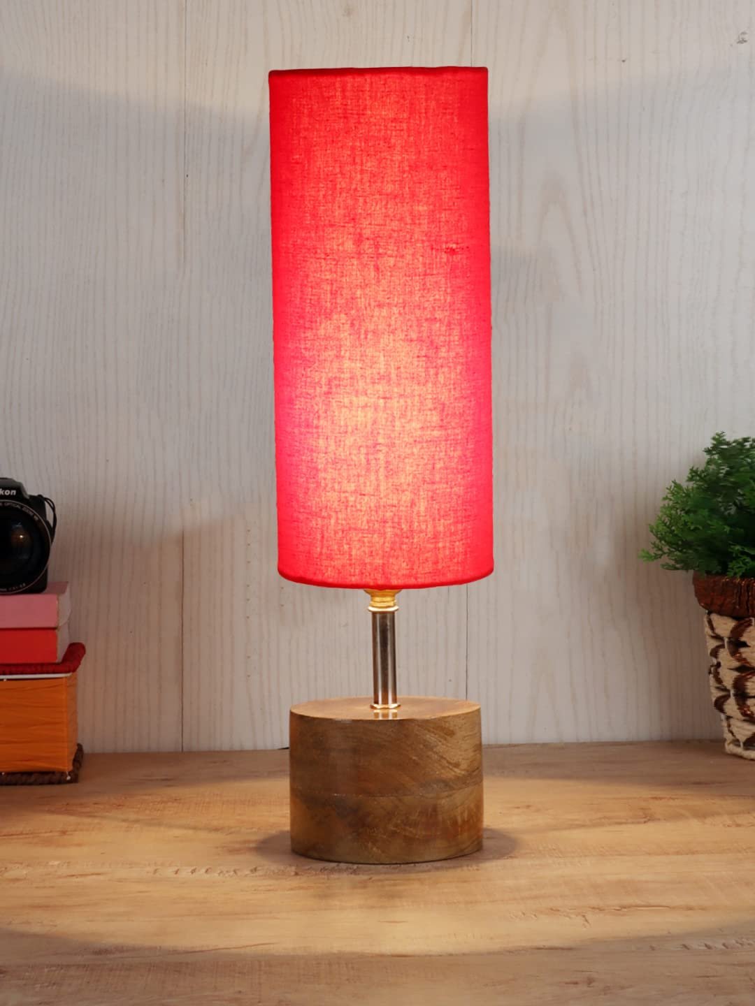 Red Cotton Shade with Wood lamp Base(784549)