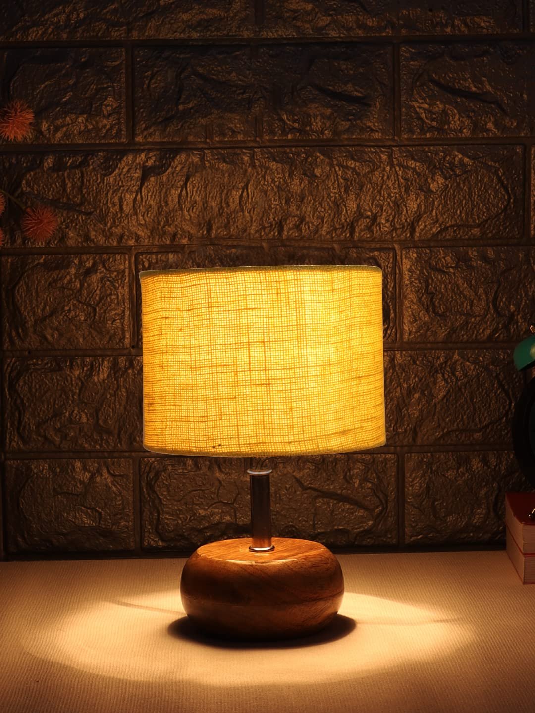 Yellow Jute Shade with with Wood lamp Base .(KK4545)