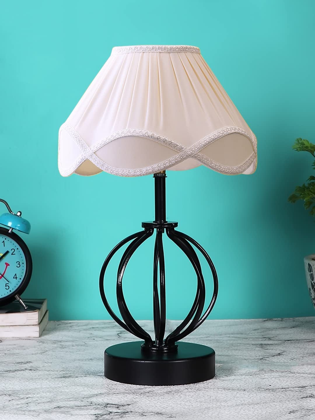 Off-White Vintage Cotton Table lamp with Iron & Wood Black Base (12x17 inches)-46