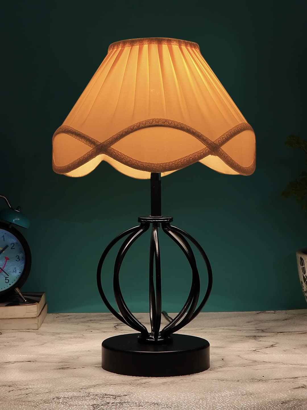 Off-White Vintage Cotton Table lamp with Iron & Wood Black Base (12x17 inches)-46