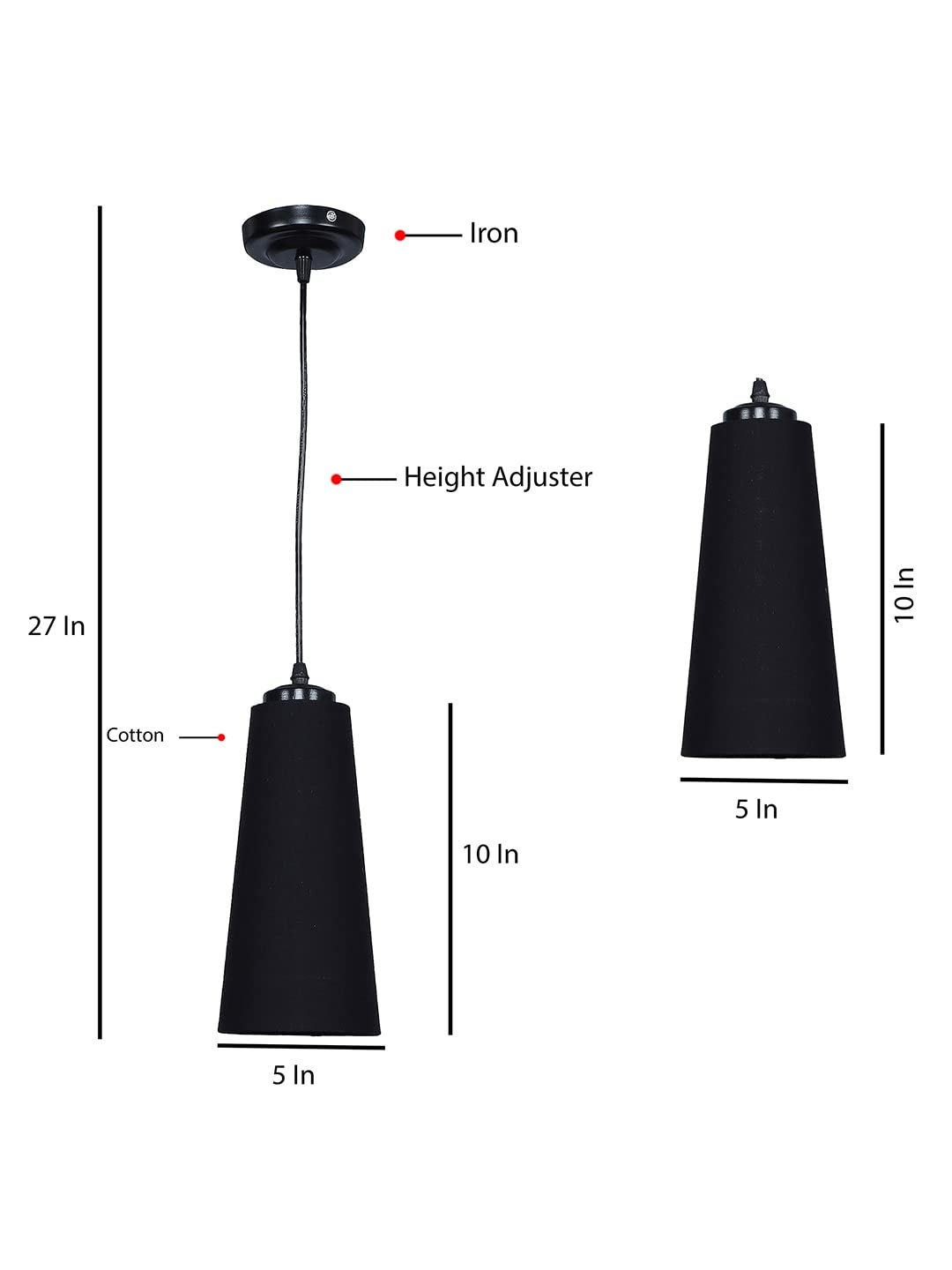 Black Cotton Shade Hanging Lamp- (5x21 inches) Height Adjsutable