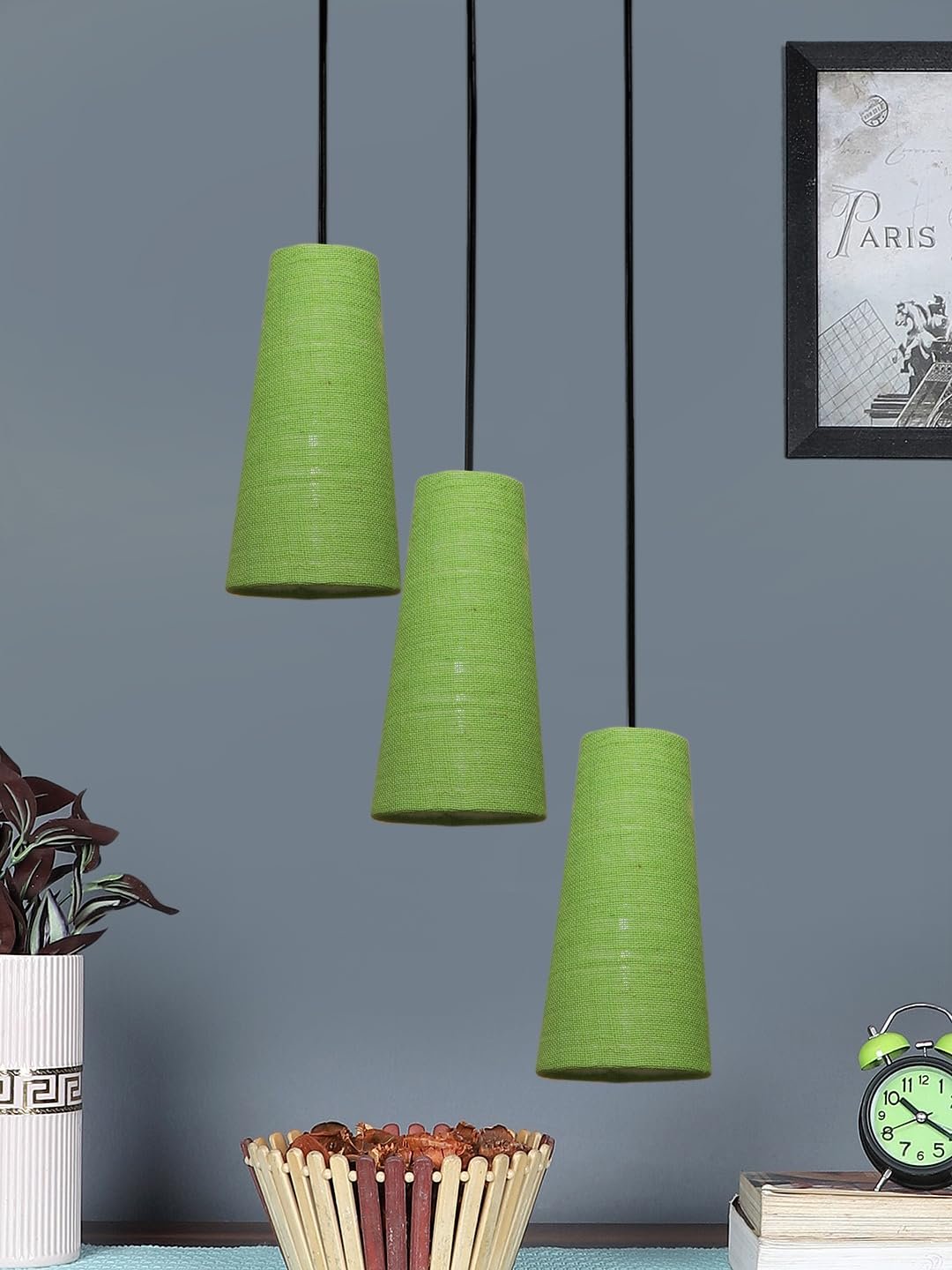 Green Jute Cluster Hanging Lamp - - (10x21 inches) Height Adjsutable