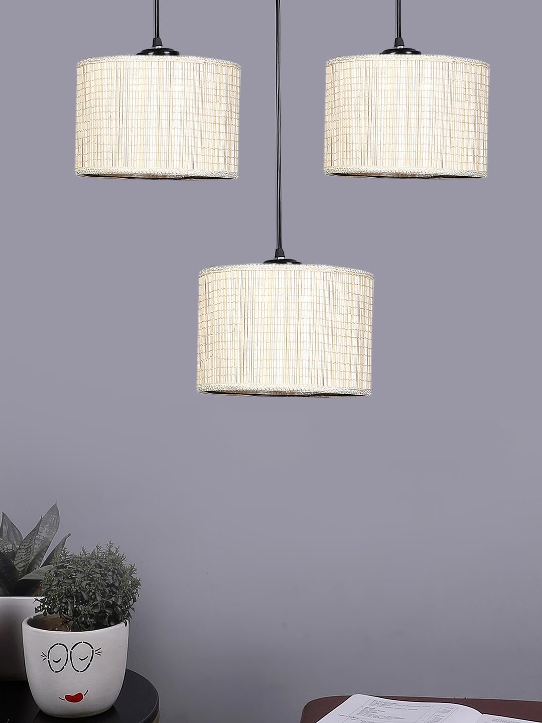 Bamboo Round Drum Cluster Hanging Lamp (15X3.25X20) Inches