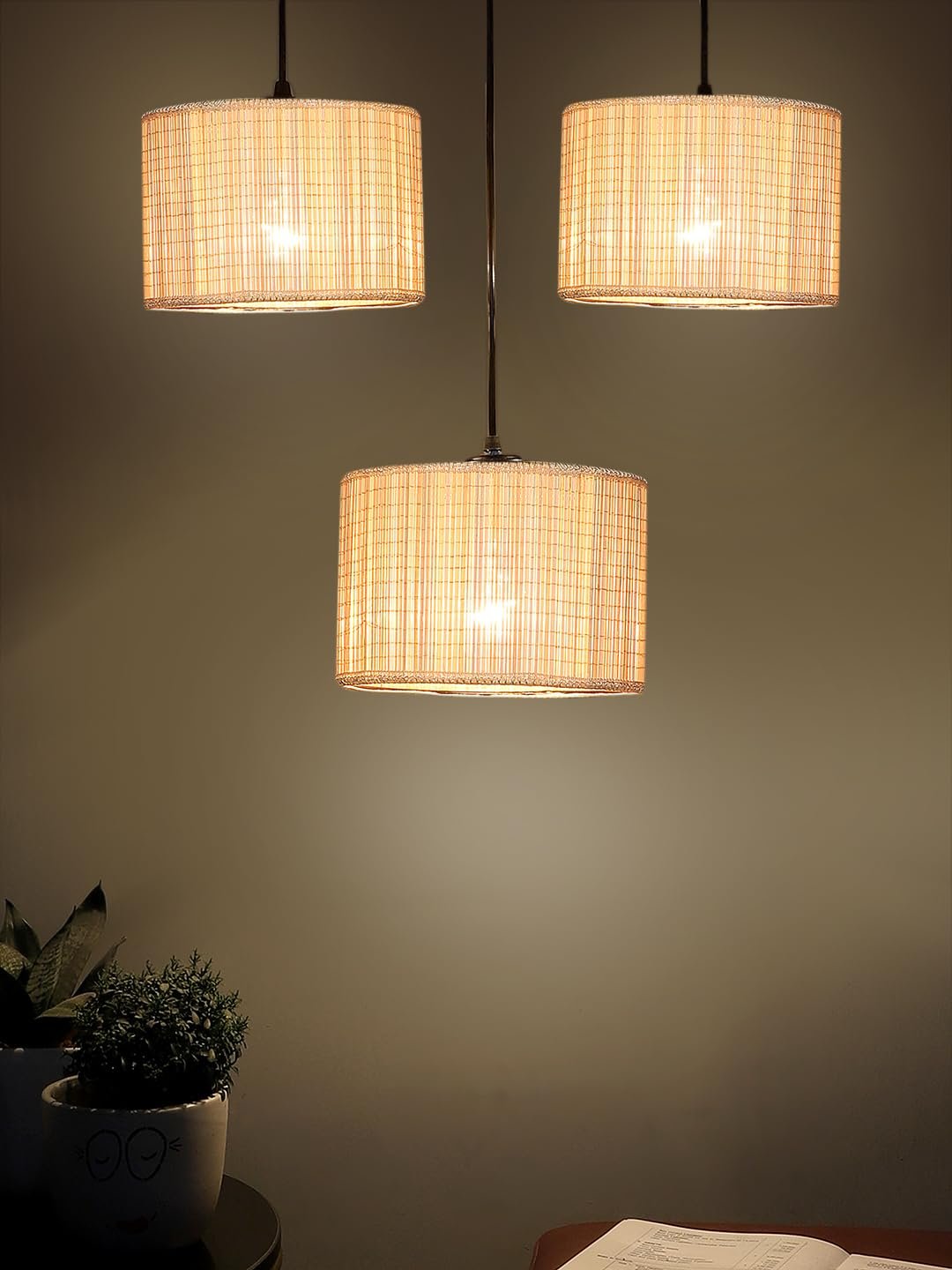 Bamboo Round Drum Cluster Hanging Lamp (15X3.25X20) Inches