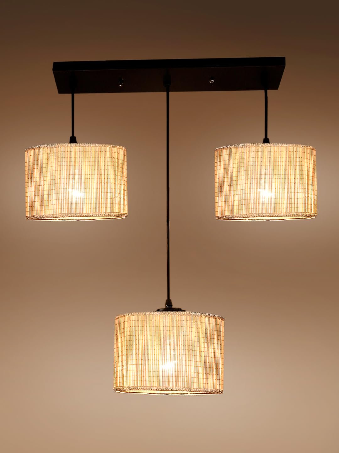 Bamboo Round Drum Cluster Hanging Lamp (15X3.25X20) Inches