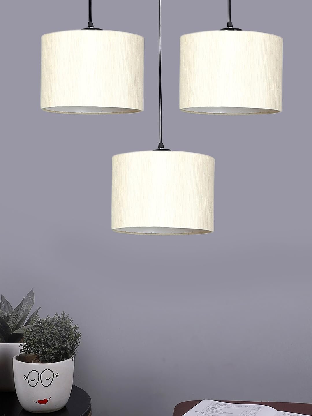Off-White Cotton Round Drum Cluster Hanging Lamp (15X3.25X20) Inches