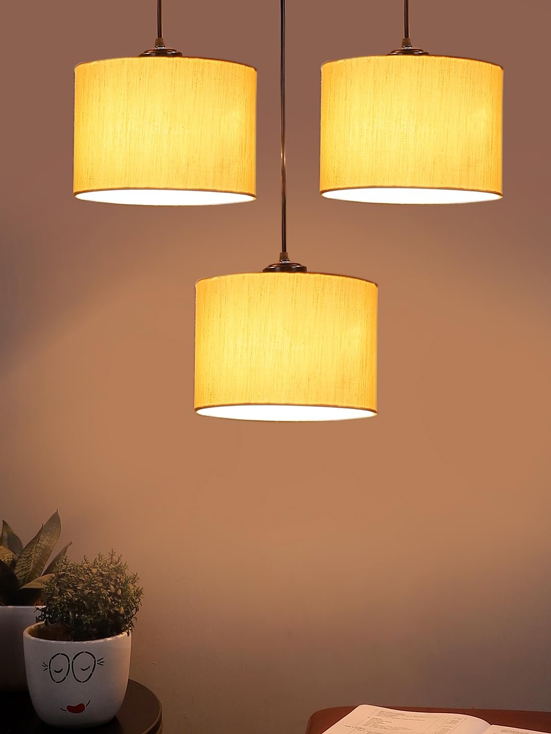 Off-White Cotton Round Drum Cluster Hanging Lamp (15X3.25X20) Inches