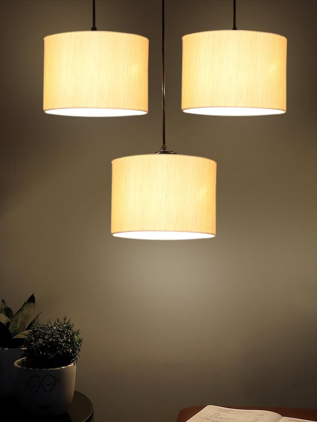 Off-White Cotton Round Drum Cluster Hanging Lamp (15X3.25X20) Inches