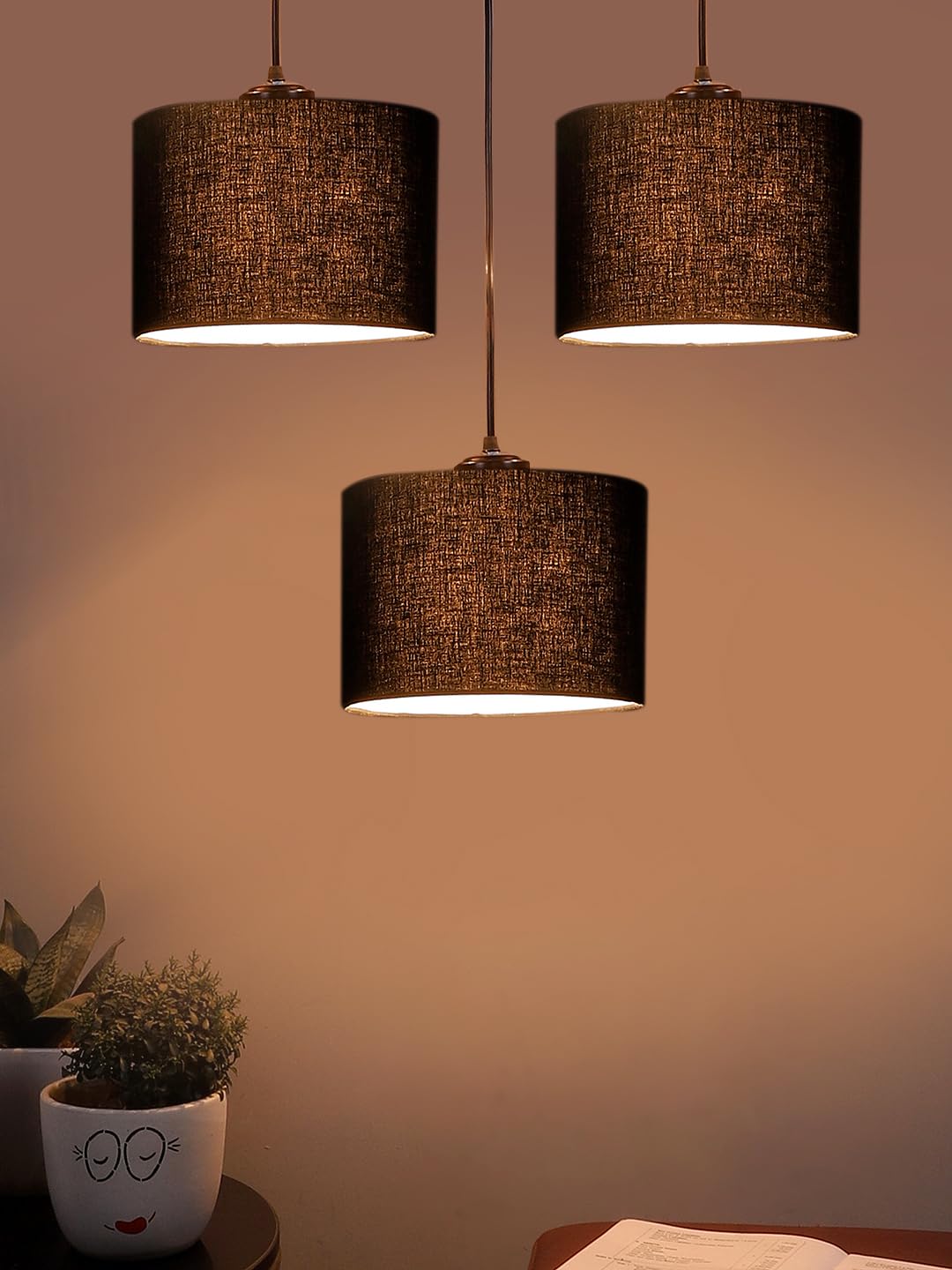 Black Cotton Round Drum Cluster Hanging Lamp (15X3.25X20) Inches