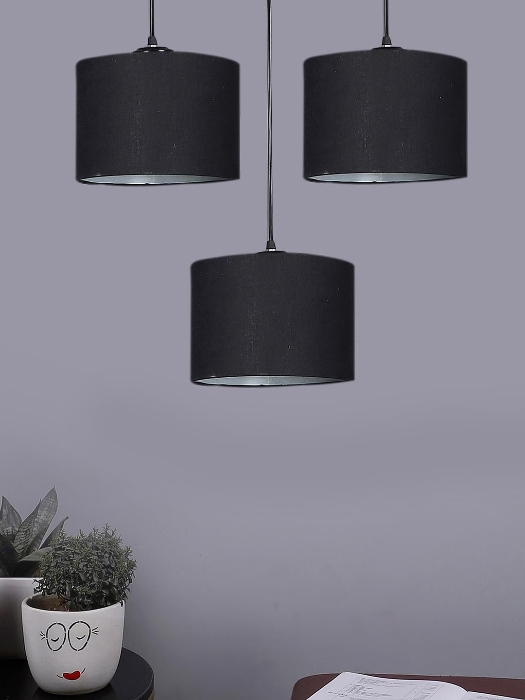 Black Cotton Round Drum Cluster Hanging Lamp (15X3.25X20) Inches