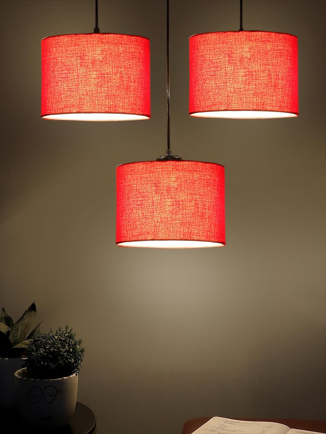 Red Cotton Round Drum Cluster Hanging Lamp (15X3.25X20) Inches