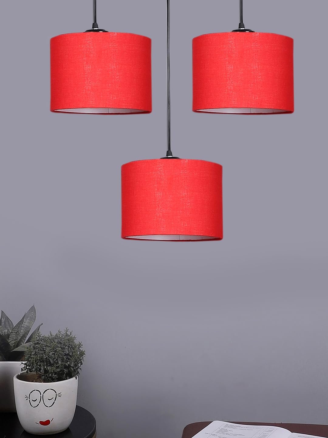 Red Cotton Round Drum Cluster Hanging Lamp (15X3.25X20) Inches