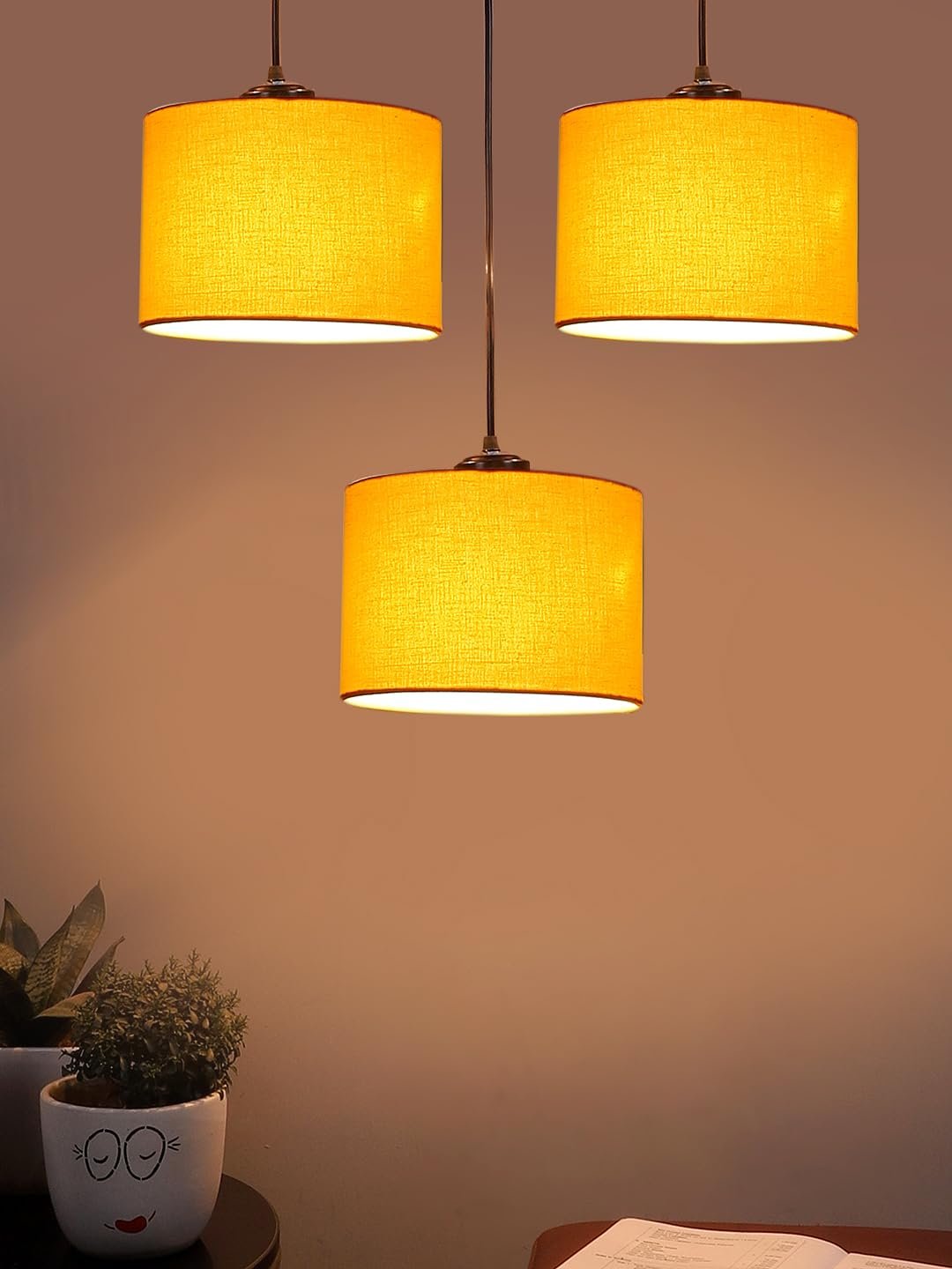 Yellow Cotton Round Drum Cluster Hanging Lamp (15X3.25X20) Inches