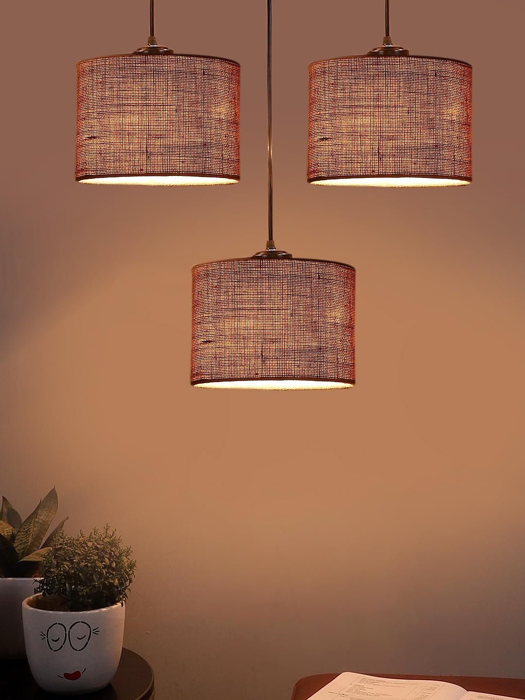 Beige Jute Round Drum Cluster Hanging Lamp (15X3.25X20) Inches