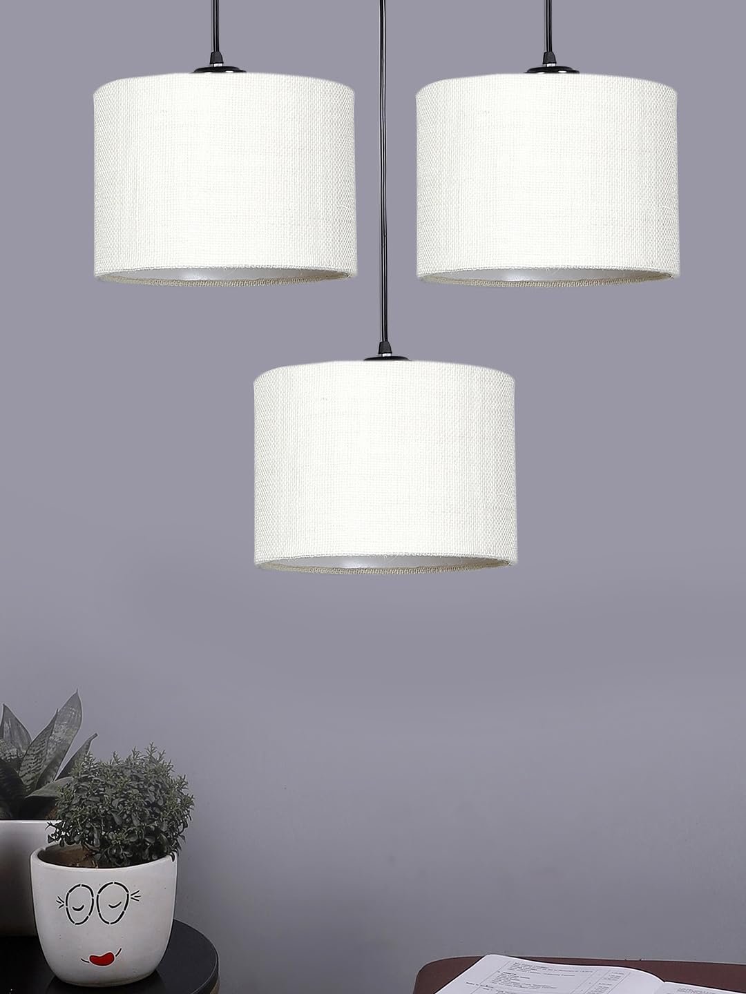 White Jute Round Drum Cluster Hanging Lamp (15X3.25X20) Inches